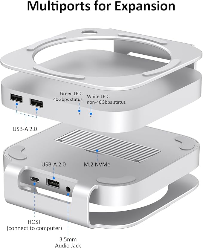 40Gbps USB4 Hub & Stand for Mac mini M4/M4 Pro, All-Aluminum Docking Station with 40Gbps M.2 SSD (NVMe PCle) Enclosure, 3*USB 2.0, 3.5mm Audio, USB4 Host | Mac mini M4 USB-4 Dock