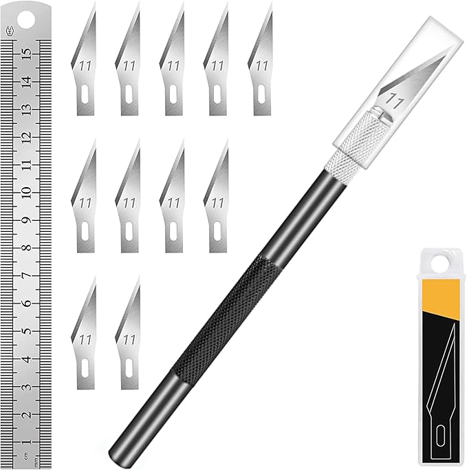 DIYSELF 1 Pcs Exacto Knife with 11 Pcs SK5 High Carbon Steel Exacto Blades Kit, Precision Craft Hobby Knife, 1pcs Steel 15cm Ruler for Art, Scrapbooking, Stencil (Black)