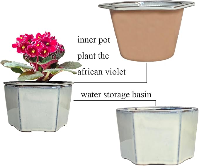 African Violet Pots 6 inch Hexagon Self-Watering Ceramic Violet Pots 4.50'' Opening (Cream White)