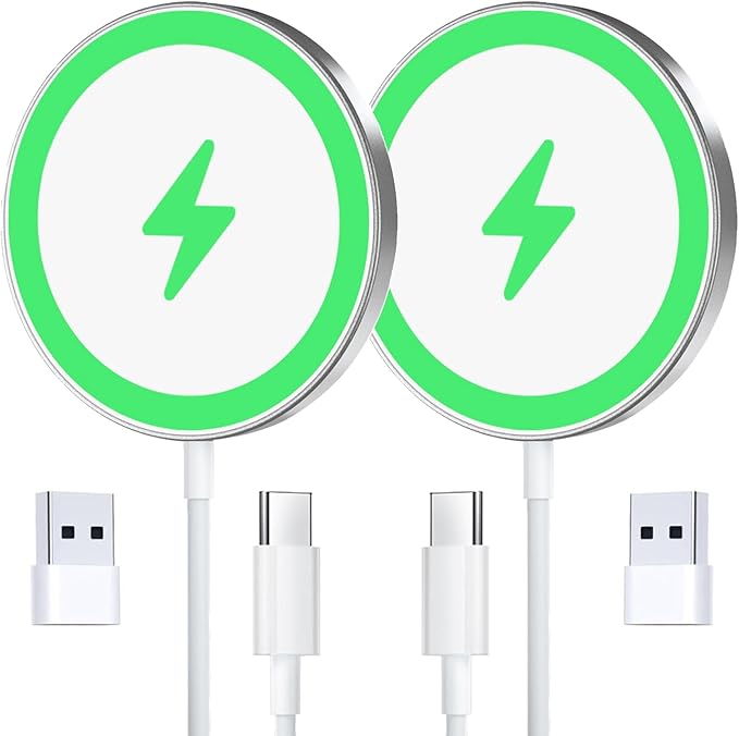 for MagSafe Charger 2 Pack 15W Magnetic Wireless Charging Pad for iPhone 17 16 15 14 13 12 Air Pro Max Plus mini/AirPods 2 3 Pro, Slim Portable Strong Magnet Quick Charger, USB-C/A Ports, Silver