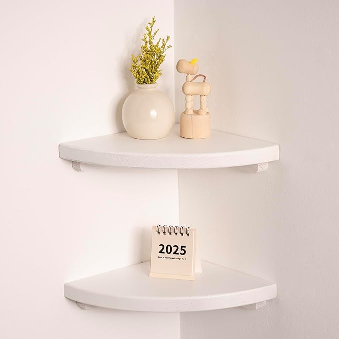 Floating Corner Shelves White 8", Solid Oak Wall Mounted Wooden Display Storage Rack with Wire Hole for Plants, Photos, Speakers, Bedroom, Kitchen, Living Room Décor - 2-Pack