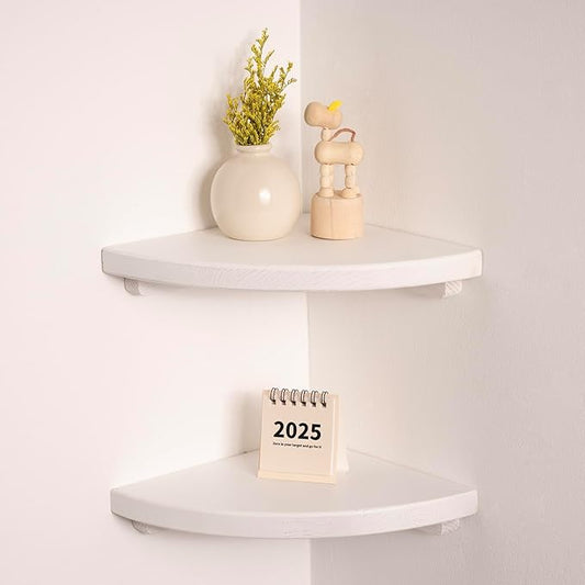 Floating Corner Shelves White 8", Solid Oak Wall Mounted Wooden Display Storage Rack with Wire Hole for Plants, Photos, Speakers, Bedroom, Kitchen, Living Room Décor - 2-Pack