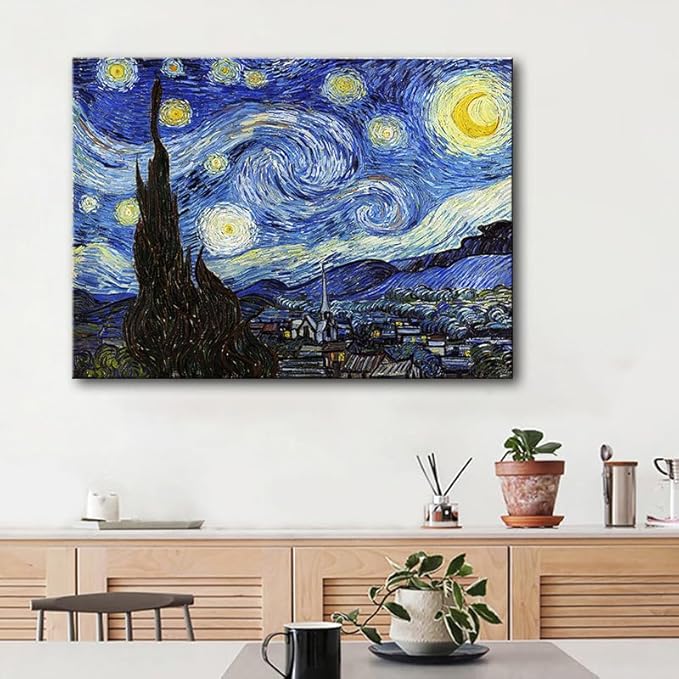 Van Gogh Canvas Wall Art - Starry Night Landscape Painting Picture Reproduction Room Decor - Famous Art Prints Modern Artwork Framed Poster Bedroom Home Decoration 12" x 15"