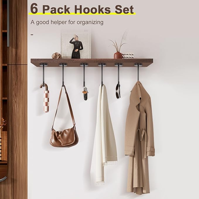 NearMoon Coat Hooks, Wall Mount Hooks for Hanging Hat Hurse Robe, 304 Stainless Steel Heavy Duty Towel Hangers for Bathroom Livingroom Kitchen-Ceiling Hook, 6 Pack (4 Inch, Matte Black)