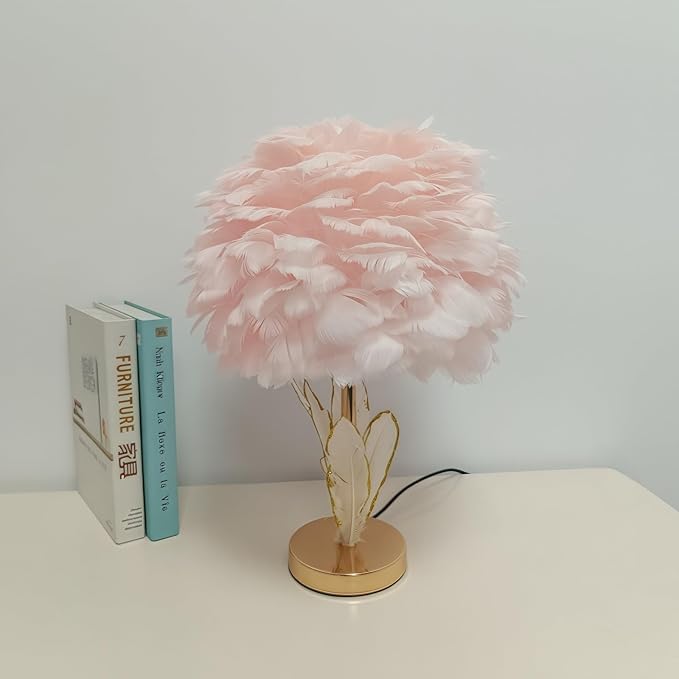 Pink Feather Lamp Goose Furry Table Lamp Princess Modern Fluffy Pink Desk Lamp Romantic Bedside Nightstand Light for Girl Bedroom Wedding Decor Living Room Entryway Christmas Gift