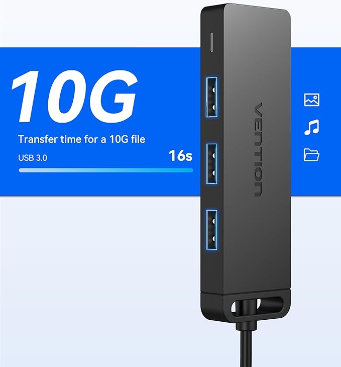 VENTION USB Hub 3.0 Splitter with 3FT Extension Long Cable 4-Port Ultra-Slim Multiport Expander for Desktop, PC, Laptop, Surface Pro, PS4, Flash Drive, Mobile HDD