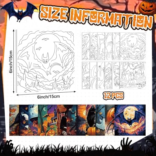 Teling 12 Pcs Halloween Pre Drawn Stretched Canvas Kit for Adults Painting Pre Printed Canvas Outline for DIY Painting Party Favor, 6 x 6 x 0.6 Inches - Image 2
