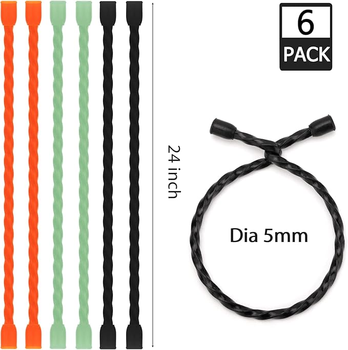 Gesipor 6 PCS 24-Inch Silicone Cable Ties Dia 5mm Reusable Steel-Core Rubber Twist Ties Bendable Cable Ties for Bundling and Holding, All Purpose Cord Tie for Indoor and Outdoor (Orange,Green,Black)