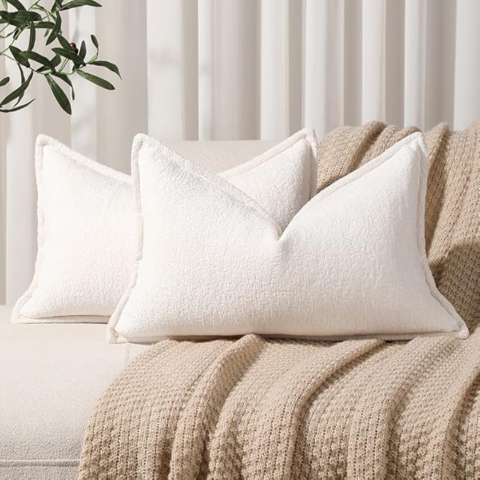 Pack of 2 Cream White Decorative Throw Pillow Covers 12x20 Cozy Soft Chenille Accent Vintage Rectangular Lumbar Couch Pillow Covers for Home Decor Bed Sofa Living Room
