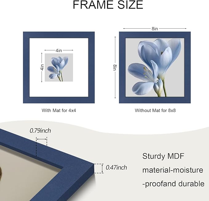 8x8 Picture Frame Set of 9, Photo Gallery Wall Frame Set, Display Pictures 4x4 with Mat or 8 x 8 Without Mat, Square Frame Picture Frames Collage Wall Decor, Blue