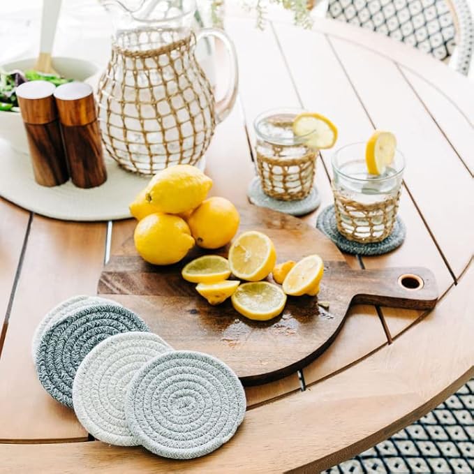 OrganiHaus Drink Coasters Set of 6, Absorbent Cotton Woven Cup Coasters, Rustic Farmhouse Boho Decor for Coffee Table and Drinks Protection, Cute Coaster for Drinks, Coaster for Office Desk - Gray