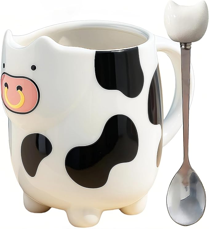 Yuwu 17oz Cow Mug with Built-in Tea Bag Holder and Spoon – Cute Glossy Ceramic Animal Cup for Milk Tea, Coffee, Kids, Girls – Farm Gift for Birthday, Christmas (whit)