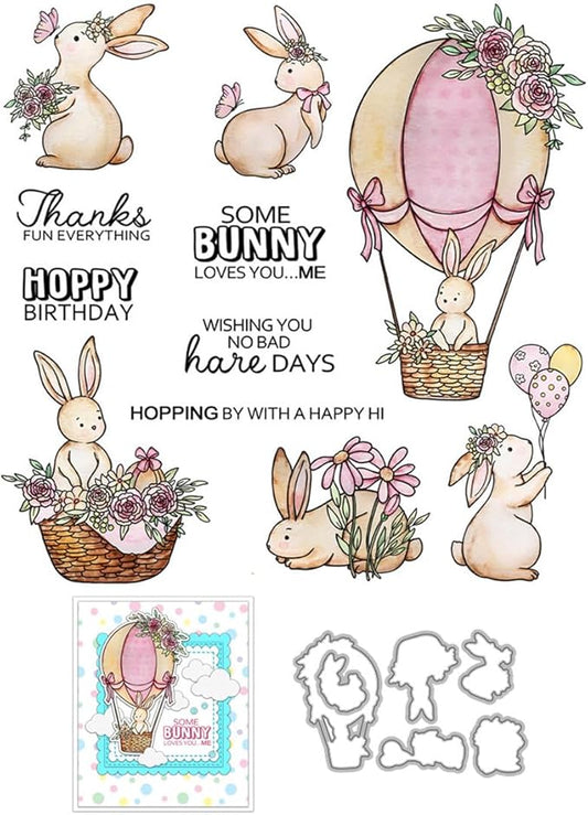 Hot Air Balloon Flower Rabbit Stamps and Cutting Dies for Card Making DIY Transparent Silicone Clear Stamp and Metal Die Cuts Sets for Scrapbooking Paper Greeting Cards Decor Seals Craft Supplies