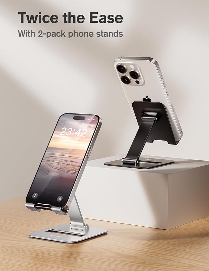 Nulaxy 2 Pack Dual Folding Cell Phone Stand, Fully Adjustable Phone Holder for Desk, Compatible with Phone 16 15 14 13 12 11, Nintendo Switch, All Phones, Black & Silver