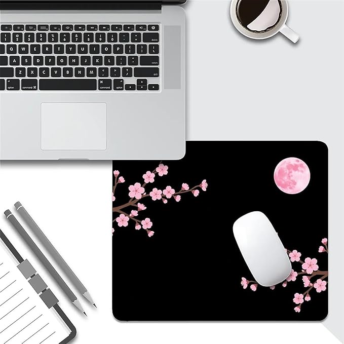 Square Mouse Pad Pink Cherry Blossoms Moon, Personalized Premium-Textured Custom Mouse Mat Design, Washable Mousepad Cloth, Non-Slip Rubber Base Computer Mouse Pads for Wireless Mouse