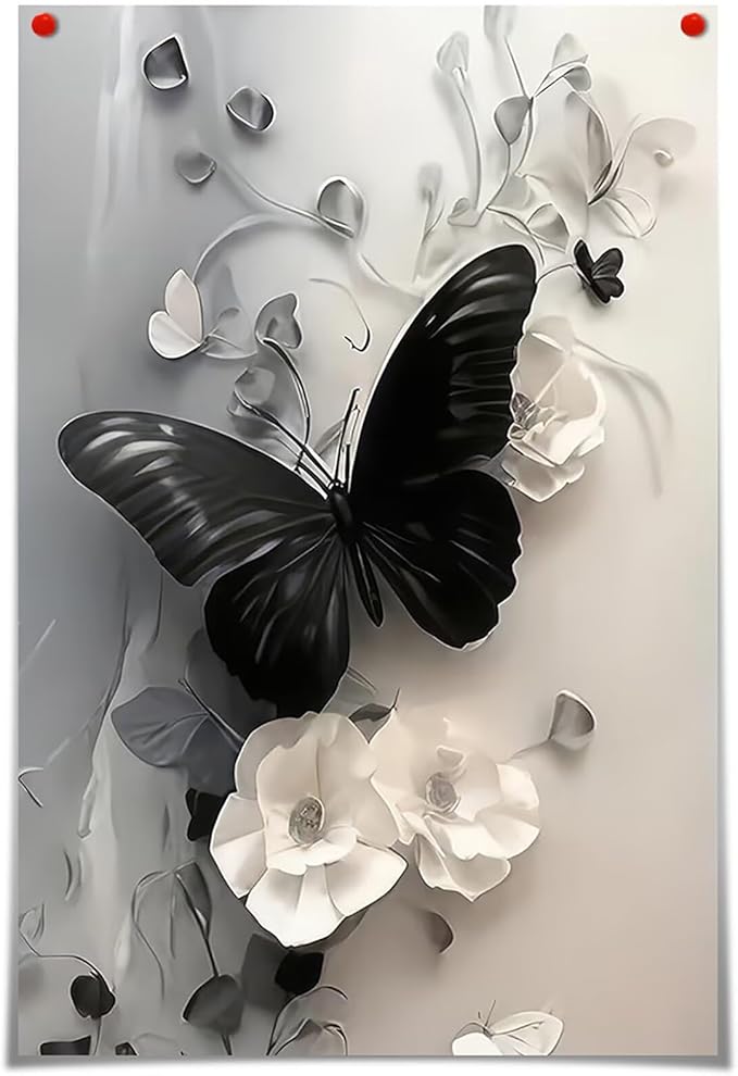 Black Butterfly with Flowers Canvas Poster Modern Minimalist Wall Art Trendy Elegant Painting Prints Vintage Nature Botanical Aesthetic Home Decor for Bedroom Living Room 12x16inch Unframed