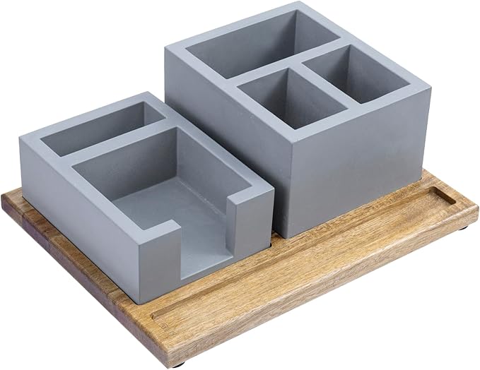 MyGift Modern Concrete Office Desktop Stationery Holder Set with Sticky Note Storage & Acacia Wood Tray – 3-Piece Desk Organizer