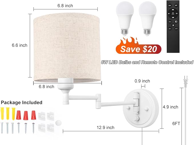 Plug in Wall Sconces with Remote Control, Dimming, Adjustable Colors 2700K-6500K, Hardwire or Plug-in, Swing Arm Wall Lamp with Linen Fabric Shade, Wall Sconces Set of Two, White Finish