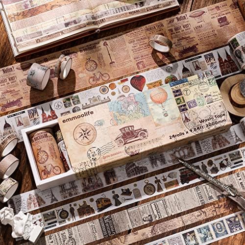 24 Rolls Vintage Washi Tape Set, Antique Car Buildings Map Stamp Stripe Writable Aesthetic Washy Decorative Tapes for Scrapbooking, Junk Journal Supplies, Bullet Journaling 5-75mm Wide (3m Long)/Roll - Image 4