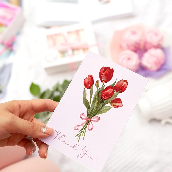 Whaline 24 Pack Tulip Flower Thank You Cards Greeting Cards Pink Floral Blank Note Card with Envelopes Stickers for Spring Mother's Day Wedding Bridal Baby Shower Birthday, 4 x 6 Inch