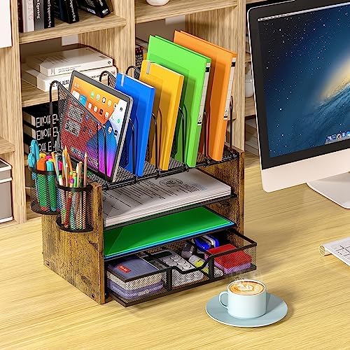 DAOUTIME 4-Tier Mesh Desk Organizer, Wooden Desk File Organizer with 5 Vertical File Holders and 2 Pen Holders, Desktop Organizers and Accessories with Drawer for Home Office - Image 3