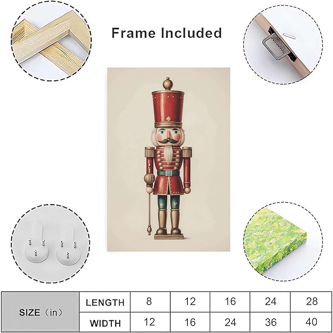 Nutcracker Christmas Wall Art Festive Christmas King Holiday Print Classic Soldier Nutcracker Vintage Holiday Canvas Painting Indoor Decor for Home Offices Living Room Bedroom Framed Ready to Hang