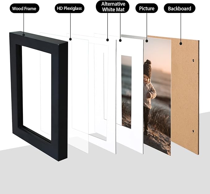 KINLINK A5 Picture Frame, Black Solid Wood Frames with Acrylic Plexiglass for Pictures 4x6 with Mat or A5 without Mat, Tabletop and Wall Mounting Display 4 Pack