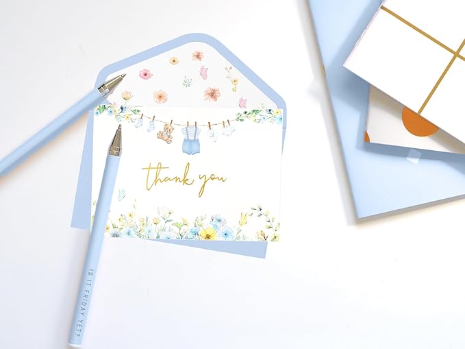 50 Pack Blue Baby Shower Thank You Card Shower Blue Gold Foil Greeting Card with Envelopes And Stickers Set Bulk for Baby Shower Birthday Party (Blue Gold)