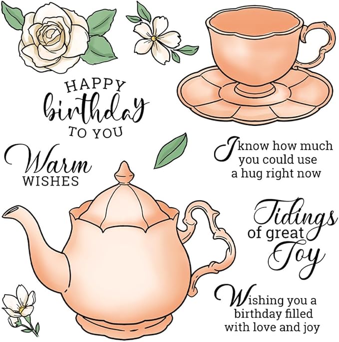 Teapot Cup Stamps and Cutting Dies for Card Making DIY Transparent Silicone Clear Stamp and Metal Die Cuts Sets for Scrapbooking Paper Greeting Cards Decor Seals Craft Supplies