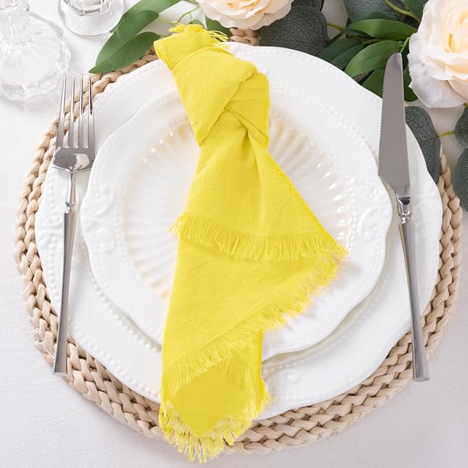 6 Pack Lemon Yellow Cotton Linen Napkins with Fringe Spring Cloth Napkins Set of 6 Boho Handmade Dinner Napkins Bulk for Wedding Bridal Baby Shower Valentine's Day, 17 x 17 Inches