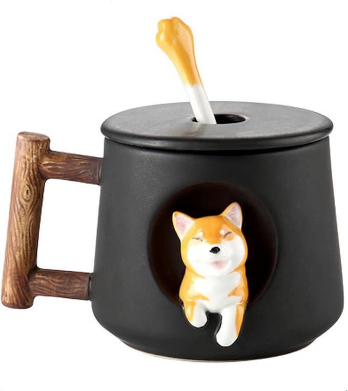 Cute Dog Couple Cup, Ceramic Coffee Mug with a Lid, Paws on the Top of the Spoon, Cute Shiba Lnu Three-dimensional Design, with Matte Texture, (420ML Black Head)