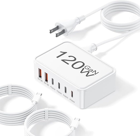 USB C Charger Block, 120W 6 Port USB Charging Station for Multiple Devices, Multi Type C Fast Charging Hub for iPhone 17 16 15 14 Pro Max ipad Samsung Galaxy, Perfect for Travel Home Office, White