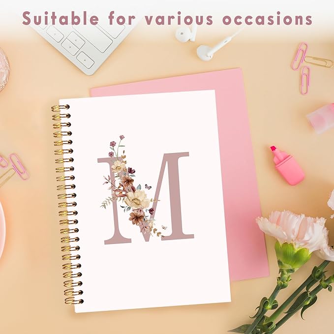 Lacama Pink Monogram M Notebook Journal, Aesthetic Wildflower Personalized Spiral Notebook, Customized Monogrammed Gifts, Birthday Gifts for Women, School Supplies, Office Supplies 5.5x8.3
