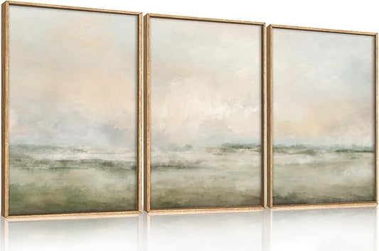Abstract Beige Green Landscape Framed Canvas Wall Art Set, Watercolor Natural Tan Wall Decor, Minimalist Neutral Modern Scenery Artwork for Living Room, Bedroom,Farmhouse- 16"x24"x3