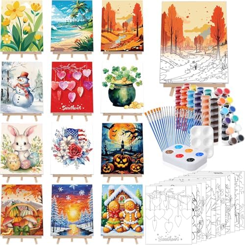Zhanmai 72 Pcs 12 Sets Sip and Paint Kit Pre Drawn Canvas for Painting 8" x 10" Paint Party Canvas Painting Pre Printed Canvases for Party Favor DIY Virtual Adult's Date Night(Classic Style) by Zhanmai