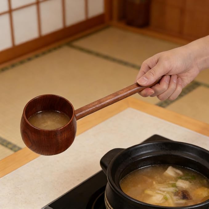Kichvoe Hishaku Wood Water Ladle - 11.8" Long Handle Japanese Style Dipper | Bath/Sauna Scoop, Deep Serving Soup Spoon for Garden Tea Ceremony