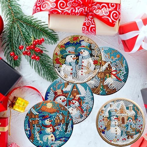 8 Pieces Christmas Snowman Diamond Coasters with Holder DIY Cute Christmas Snowman Diamond Art Coasters for Beginners Adults for Christmas - Image 3
