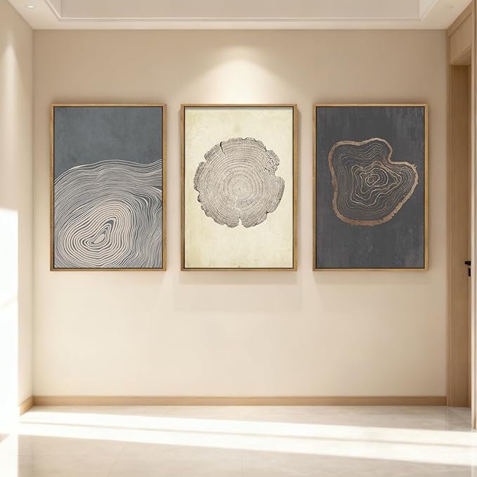 Anyzal Neutral Tree Ring Wall Art Modern Wood Stump Wall Decor 24x36 Inch Set of 3 for Living Room Bedroom Dining Room