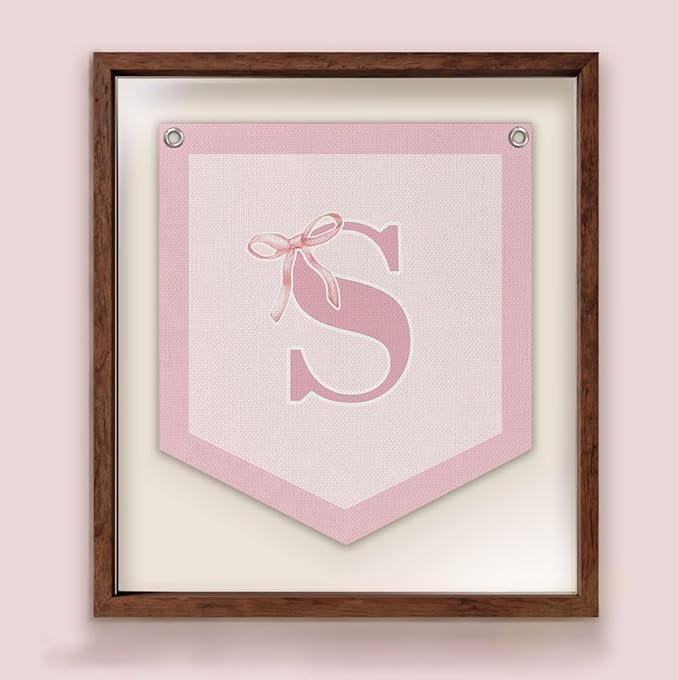 Lacama Initial Personalized Preppy Banner, Baby Girl Nursery Shower Decor Gifts, Coquette Pink Bow Teen Girl Gifts, Vintage Room Decor Toddler Room Bedroom Playroom Front Door Birthday Gift(S)