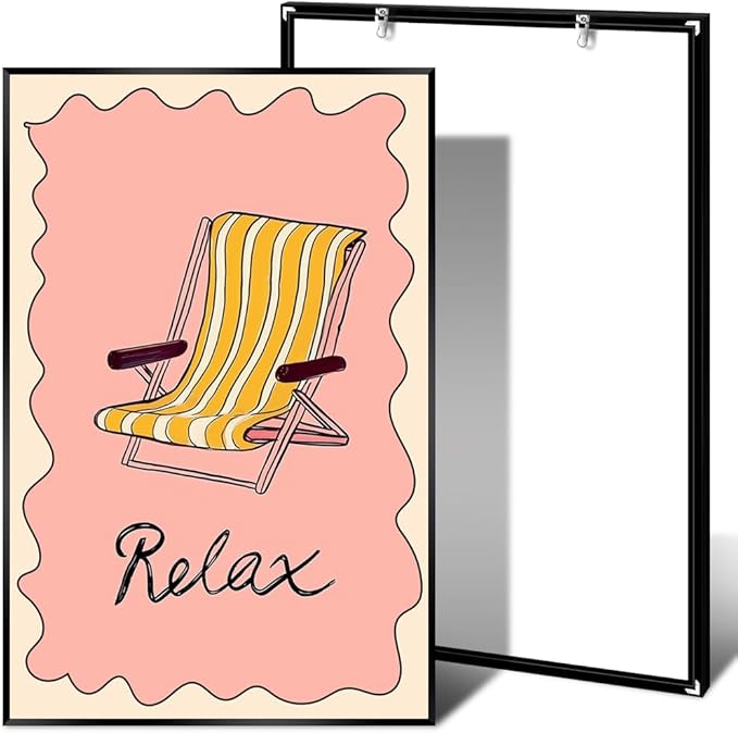 Metal Black Frame Abstract Pink Yellow Ocean Coastal Beach Chair Wall Art Trendy Summer Relaxing Seaside Canvas Prints Painting Aesthetic Preppy Decor Picture for Living Room Decoration 16x24inch