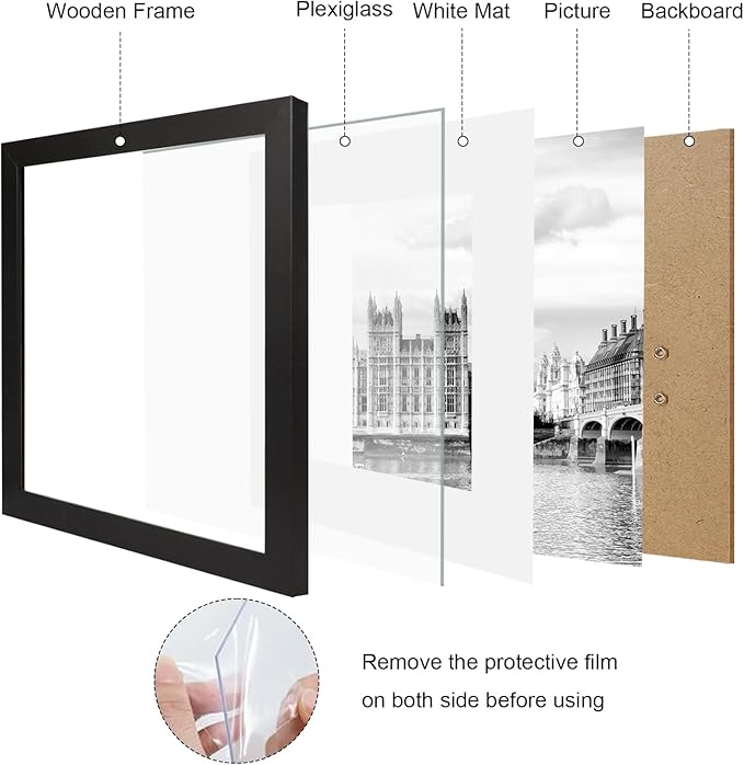 12x12 Picture Frame Set of 9, Photo Gallery Wall Frame Set, Display Pictures 8x8 with Mat or 12 x 12 Without Mat, Square Frame Picture Frames Collage Wall Decor, Black