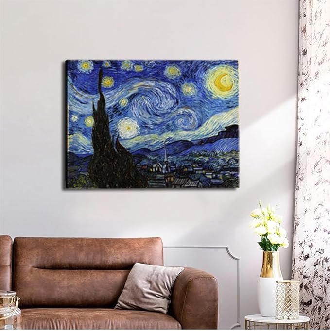 Starry Night, Vincent Van Gogh Canvas Wall art, Classic Paintings Framed Pictures Poster, Abstract Artwork Prints for Home Decor 16"x24"