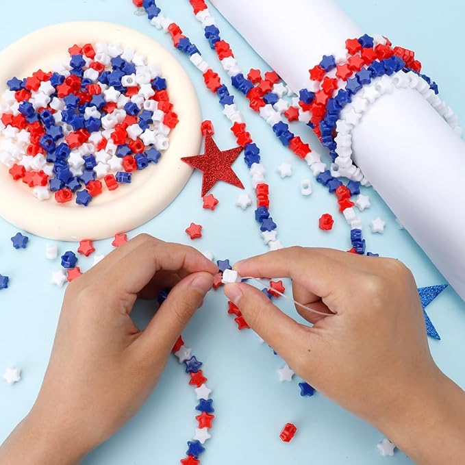 1100PCS Star Beads,Red White and Blue Beads,Patriotic Star Pony Bead Bracelets,4th of July Bead,Independent Day Accessories for Jewelry Making Crafts & Hair Braiding