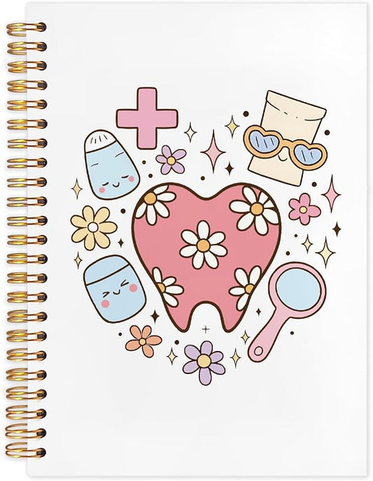 WUCHJ Dental Gifts Notebook, Dental Hygienist Assistant Journal, Retro Pink Floral Tooth Spiral Notebook Journal for Note Taking, Dentist Office Supplies, 5.5x8.3 Inch