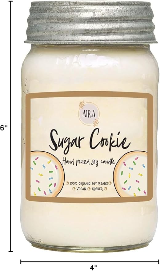 Aira Soy Candles - Organic, Kosher, Vegan, in Mason Jar w/Therapeutic Grade Essential Oil Blends - Hand-Poured 100% Soy Candle Wax - Paraffin Free, Burns 110+ Hours - Sugar Cookie Scent - 16 Ounces
