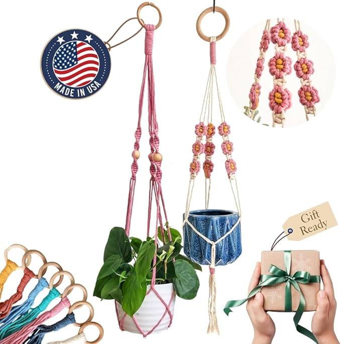 Set of 2 Macrame plant hanger with Daisies & Beads | Hanging plant holder Macrame Plant hangers outdoor and indoor hanging planters Plant stand indoor Boho Decor hanging planter stand (Champagne Pink)