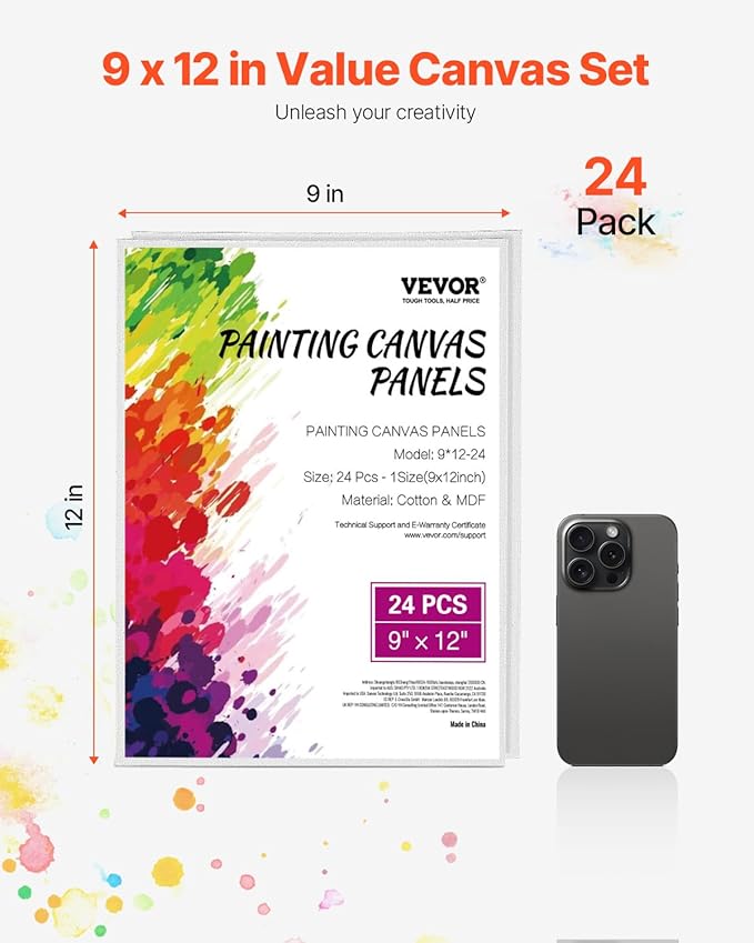 VEVOR Canvas Boards for Painting, 9 x 12 Inch White Canvases for Painting, 24 Pack Painting Canvas Panels for Sketching, Acrylic and Oil Painting, Watercolor, Paint Canvas for Kids and Professionals