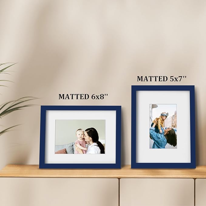Egofine 9x12 Picture Frames 4PCS Covered by Plexiglass, Wood Frames for Pictures 5x7/6x8 with Mat or 9x12 without Mat, Tabletop and Wall Mounting Display, Navy Blue