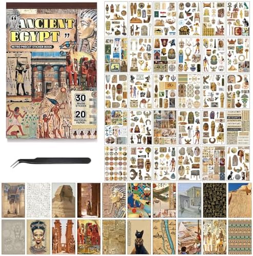Pre-Cut Vintage Stickers for Journaling, 500+ Scrapbook Stickers and 20 A5 Scrapbook Papers, Retro Egypt Theme Aesthetic Washi Sticker Book for Adults, Ephemera for Junk Journal Supplies DIY Crafts by Ahmagen