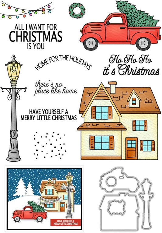 Snow House Christmas Tree Stamps and Cutting Dies for Card Making DIY Transparent Silicone Clear Stamp and Metal Die Cuts Sets for Scrapbooking Paper Greeting Cards Decor Seals Craft Supplies